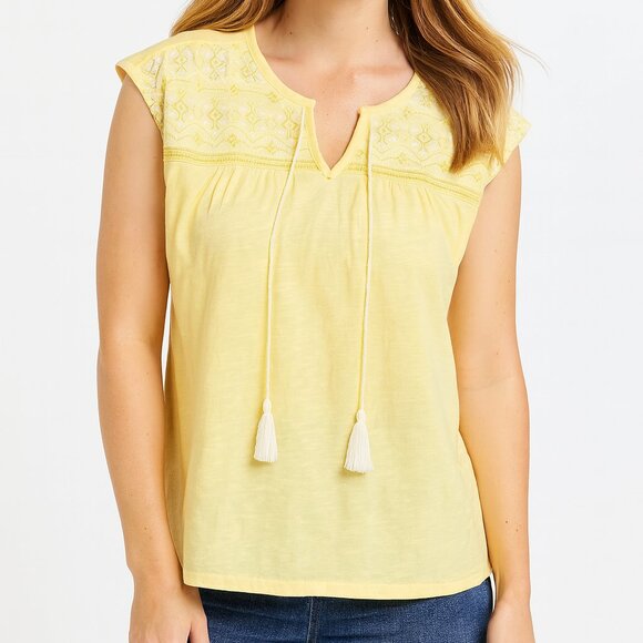 NWT Lucky Brand Yellow Embroidered Tassel Blouse, size S - Picture 1 of 9